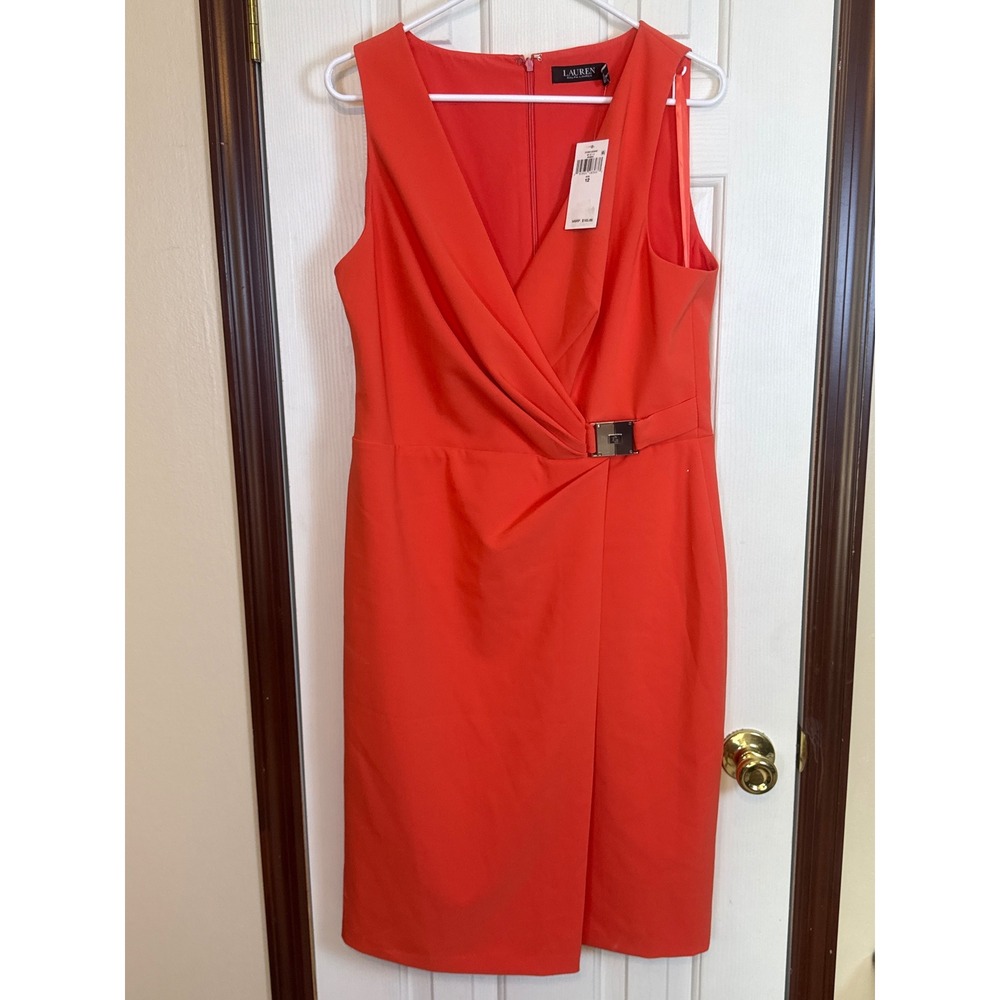 Lauren Ralph Lauren Sheath Dress‎ Sleeveless Buckle Detail Coral Size 12